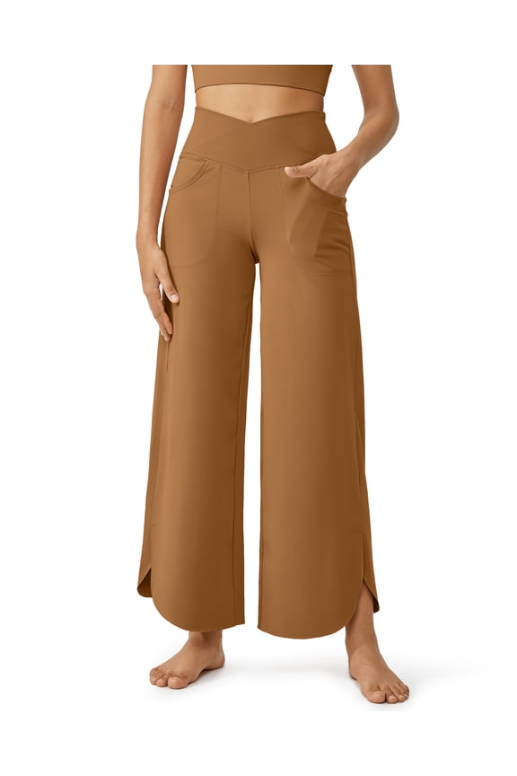 Wide Leg Pants for Women 29'' Loose Yoga Capri Pants Cross High Waist Dance Palazzo Casual Pants with Pockets