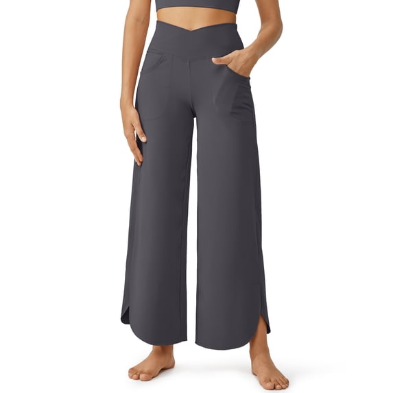 G4Free Wide Leg Pants for Women 29'' Loose Yoga Capri Pants Cross High Waist Dance Palazzo Casual Pants with Pockets