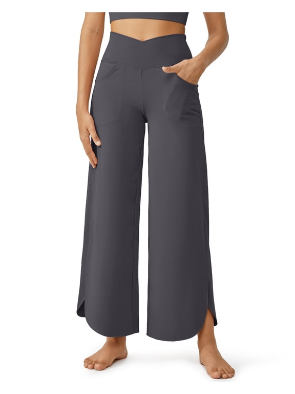 Wide Leg Pants for Women 29'' Loose Yoga Capri Pants Cross High Waist Dance Palazzo Casual Pants with Pockets