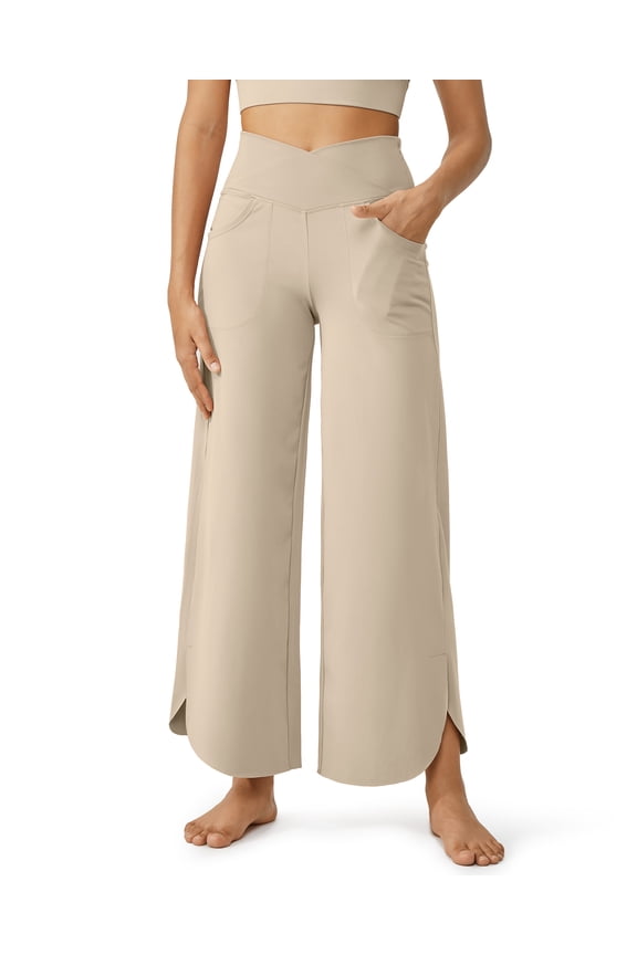 Wide Leg Pants for Women 29'' Loose Yoga Capri Pants Cross High Waist Dance Palazzo Casual Pants with Pockets