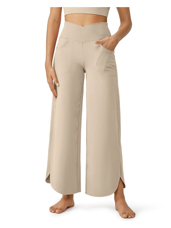 Wide Leg Pants for Women 29'' Loose Yoga Capri Pants Cross High Waist Dance Palazzo Casual Pants with Pockets