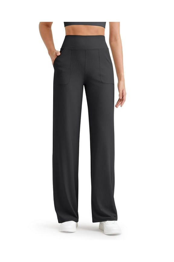 Women Casual Ribbed Wide Leg Pants with Pockets Lightweight High Waist Yoga Pants Petite/Regular/Tall
