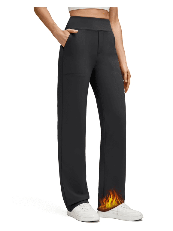 Women's Fleece Lined Straight Leg Pants Winter Thermal Work Trousers with Pockets