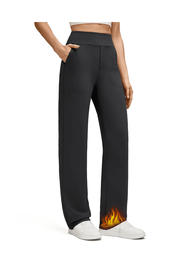 Women's Fleece Lined Straight Leg Pants Winter Thermal Work Trousers with Pockets