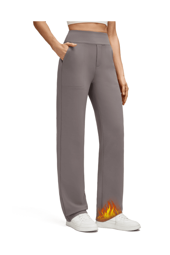 Women's Fleece Lined Straight Leg Pants Winter Thermal Work Trousers with Pockets