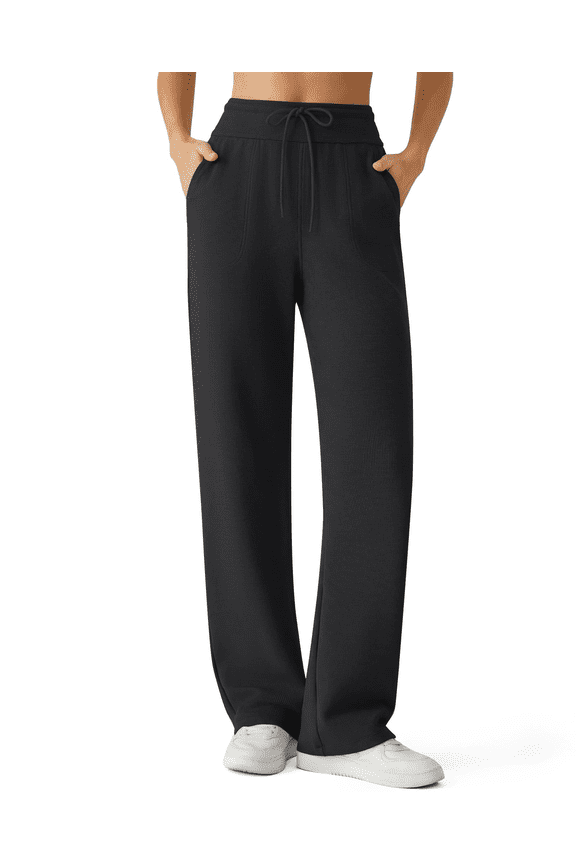 Women's Waffle Knit Wide Leg Pants – High Waisted Sweatpants with Pockets Casual Straight Leg Pants