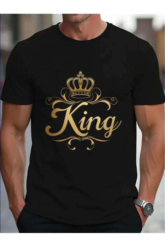 G500 Men's Heavyweight Cotton T-Shirt - King Graphic Tee with Golden Crown, Breathable Everyday Shirt for Streetwear, Formal Events & All-Season Wear - Classic Fit Black