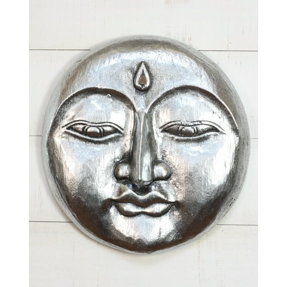 G6 COLLECTION 12" Silver Wooden Moon Face Wall Art – Hand Carved Moon Mask, Celestial Boho Wall Hanging Décor Silver