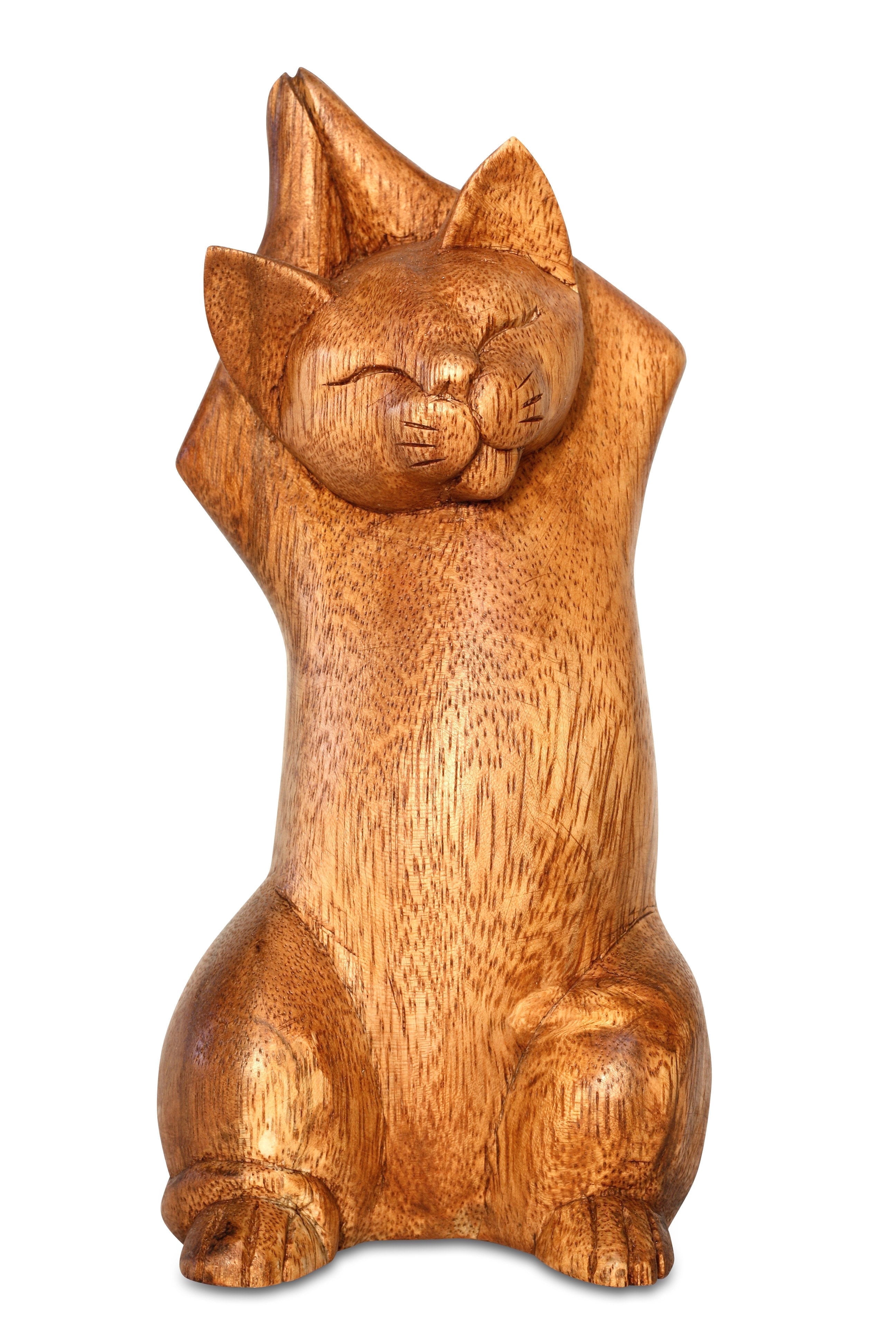G6 Collection 8" Wooden Handmade Hand Carved Yoga Upward Salute Pose Cat Sculpture Statue Home Decor