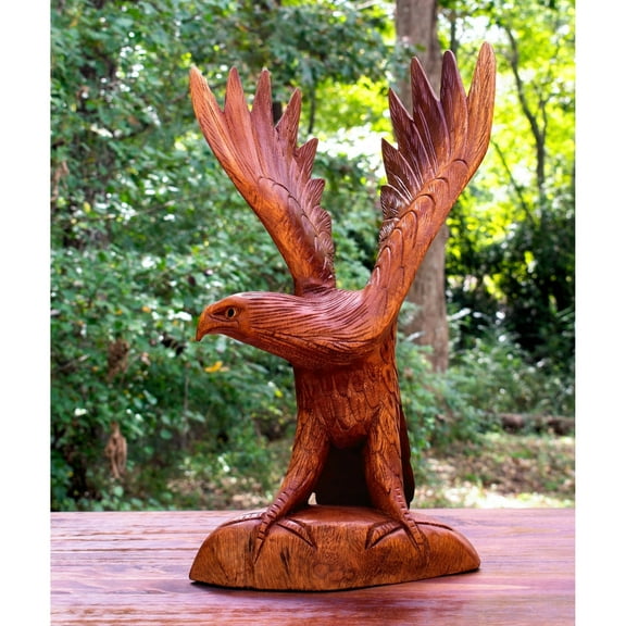 G6 Collection 12" Hand Carved Flying Wooden Eagle Statue Figurine Handmade Sculpture Art Decorative Home Decor Accent Handcrafted Decoration Us Soaring Eagle