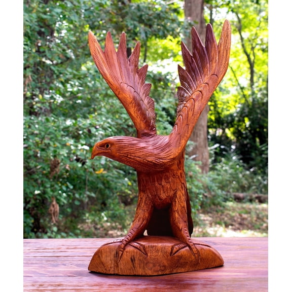 G6 Collection Large 16" Hand Carved Flying Wooden Eagle Statue Figurine Handmade Sculpture Art Decorative Home Decor Accent Handcrafted Decoration Us Soaring Eagle