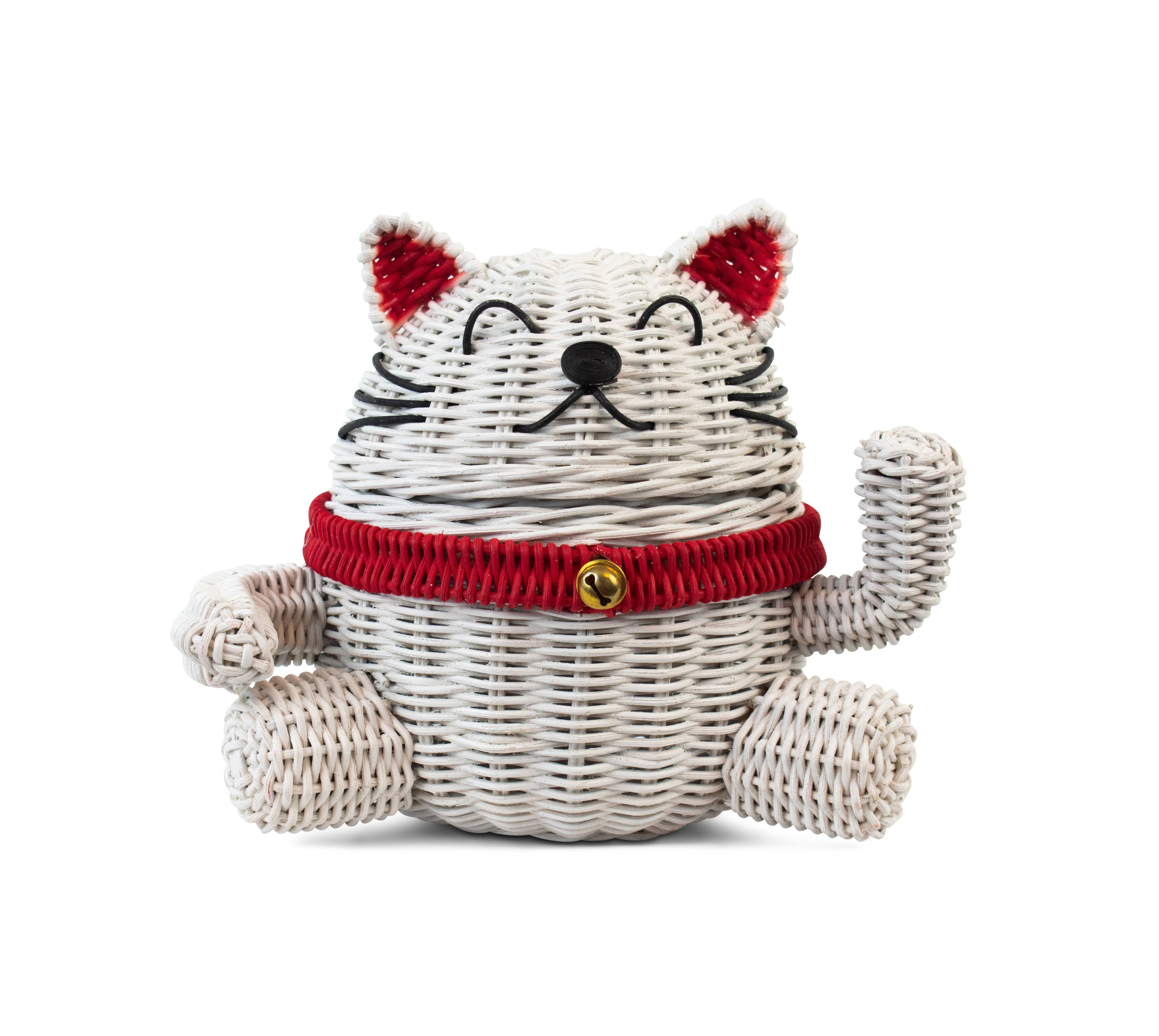 G6 Collection Lucky Cat Rattan Storage Basket with Lid Decorative Bin Home Decor Hand Woven Shelf Organizer Cute Handmade Handcrafted Gift Art Artwork Wicker Kitten