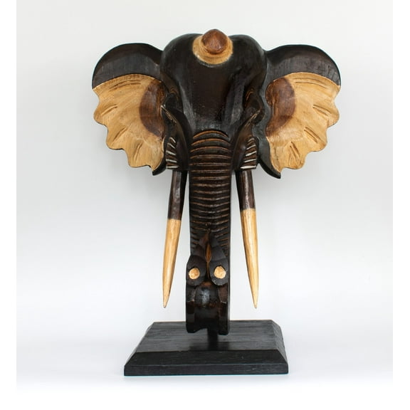 G6 Collection Wooden Brown Elephant Mask Bust Statue on Stand Sculpture Figurine Home Decor Hand Carved Handmade Accent Handcrafted Decoration Wood Size: 18" tall x 15" wide x 8" deep