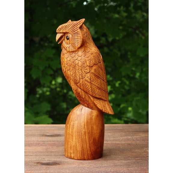 G6 Collection Wooden Handmade Owl Standing on a Tree Branch Statue Figurine Handcrafted Art Home Decor Hoot Sculpture Hand Carved Accent Decoration