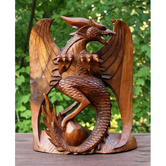 G6 Collection Wooden Handmade Skyrim Dragon Statue Sculpture Handcrafted Gift Art Decorative Home Decor Figurine Accent Decoration Artwork Hand Carved Size: 8" Tall x 7.5" Wide x 3" Deep