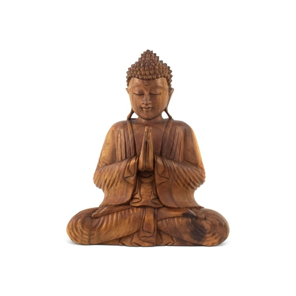 G6 Collection Wooden Serene Sitting Buddha "Anjali Mudra" Statue Handmade Meditating Sculpture Figurine Home Decor Accent Handcrafted Art Modern Oriental Decor Size: 8" tall x 7.5" wide x 3.5" deep