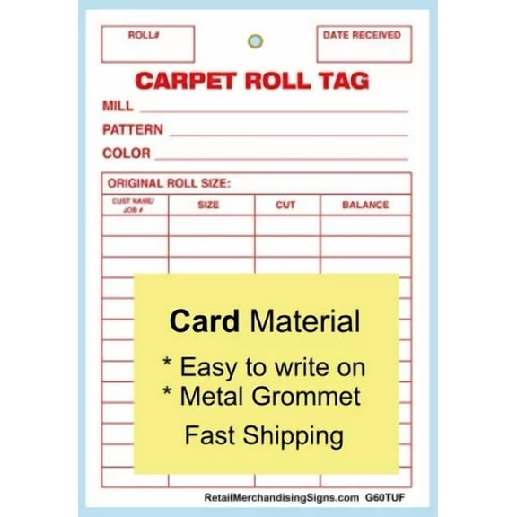 G60TUF Carpet Inventory Roll Tag Sale Grommet Reinforced (Brass Ring) 5"x7" Pack of 100 Business Store Signs Cards Flooring , Carpet, and Furniture