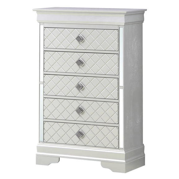 G6700 Chest In Silver Champagne - Led Headboard Highlights, Textured Drawers, And Stable Metal Guides Faux Crystal Adornment, Front Strong Center