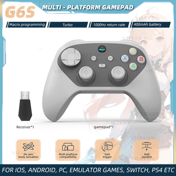G6S Wireless Mobile Game Controller, 1000Hz Hall Joystick for Switch/PC/iOS/Android, PS4 Compatible, 6-Axis Gyro Turbo