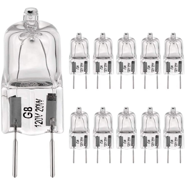 10-Pack G8 20W 120V Halogen Light Bulbs – T4 JCD Mini Bi-Pin (8mm Pin Distance) – Warm White 2700K, CRI 100, Dimmable – Under Cabinet, Puck Lights, Range Hood Replacements