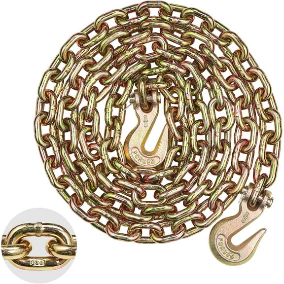 G80 Transport Binder Chain, 3/8" x 10.3' Tow Chain with Clevis Grab Hooks, 7100 lbs Safe Working Load, Heavy Duty Trailer Logging Chain for Transporting Towing Truck Tie Down Binding Equipment