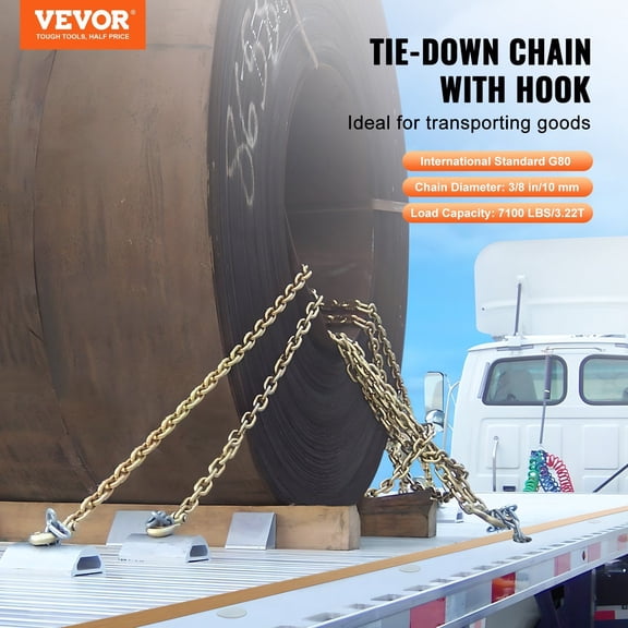 G80 Transport Binder Chain,3/8"x10.3' Tow Chain with Clevis Grab Hooks,7100 lbs Safe Working Load,Heavy Duty Trailer Logging Chain for Transporting Towing Truck Tie Down Binding Equipment