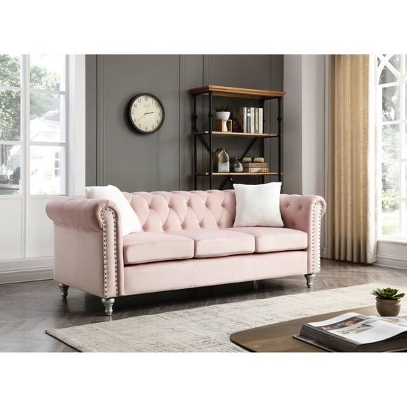 G864a-s Pink Living Room - Faux Suede Velvet, Hand Applied Nailheads Appeal, Painted Wood Legs Robustness, Cushy Pocketed Coil Cushions, Contrasting Pillows, 3 Couch Decoration, Support, Soft Throw