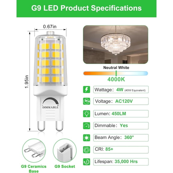 G9 LED Bulb Dimmable 4W (40W Equivalent) - 4000K Neutral White, No Flicker, 450LM, Ceramic Base - Great for Office, Reading, Kitchen, Desk Lamp - 5 Pack