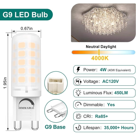 G9 LED Bulb Dimmable Frosted, T4 G9 4W Replacement for 40 Watts Halogen, 120V 450 Lumen 360 Beam Angle, G9 Light Bulbs for Chandelier (Neutral White 4000K, 10 Pack)