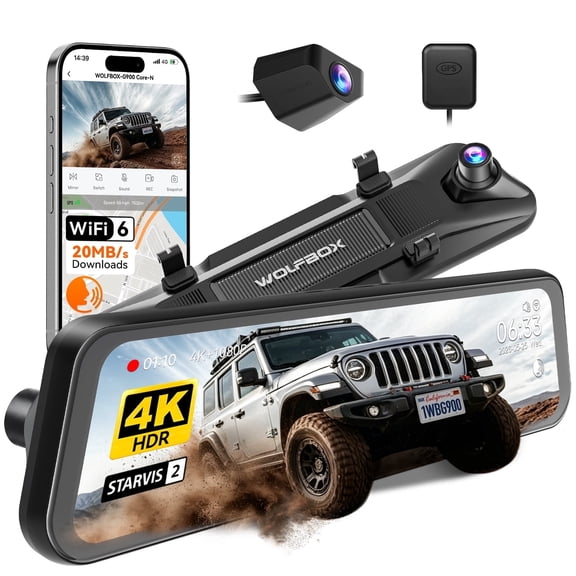 WOLFBOX G900 Core-N 12" 4K Mirror Dash Cam, 5.8GHz WiFi 6 Rear View Camera, Voice Control, 8MP HDR Night Vision, STARVIS 2 IMX678 Sensor, No SD Card.