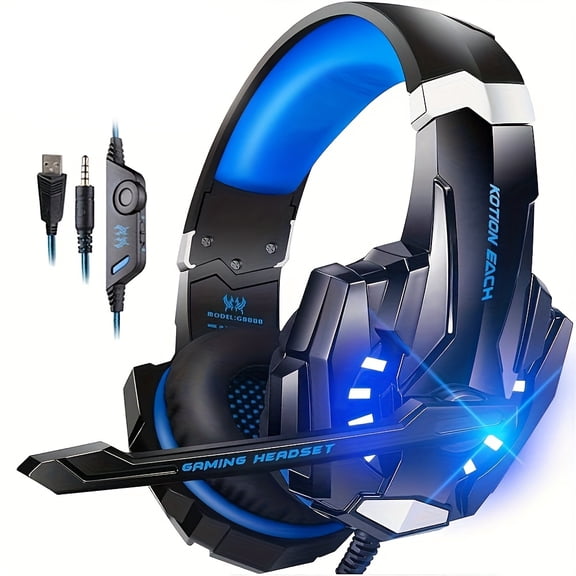 G9000, Wired Gaming Headset with LED Lights, Noise-Isolating Earbuds, 3.5Mm Jack, Broadcast-Quality Microphone, Volume Control, Suitable for PC, Laptops, And Console Controllers (White And Blue)