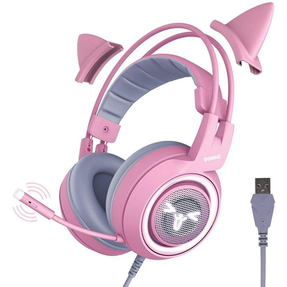 G951pink Gaming Headset for PC, PS4, Laptop: Detachable Virtual 7.1 Surround Sound with LED Cat Ears, USB, Lightweight and Self-Adjusting