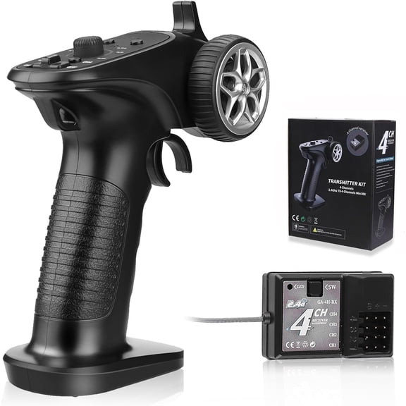 GA-4H-TX Channel Remote Controller, 2.4GHz remote transmitter paired with 4-channel receiver combo, suitable for controlling cars, boats, planes, off-road vehicles, and toys.