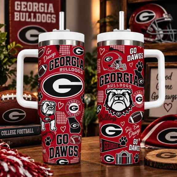 GA Bulldogs 40oz Tumbler with Handle & Straw, Georgia College Football Insulated Cup, Go Dawgs Fan Drinkware, Red Black Game Day Gift