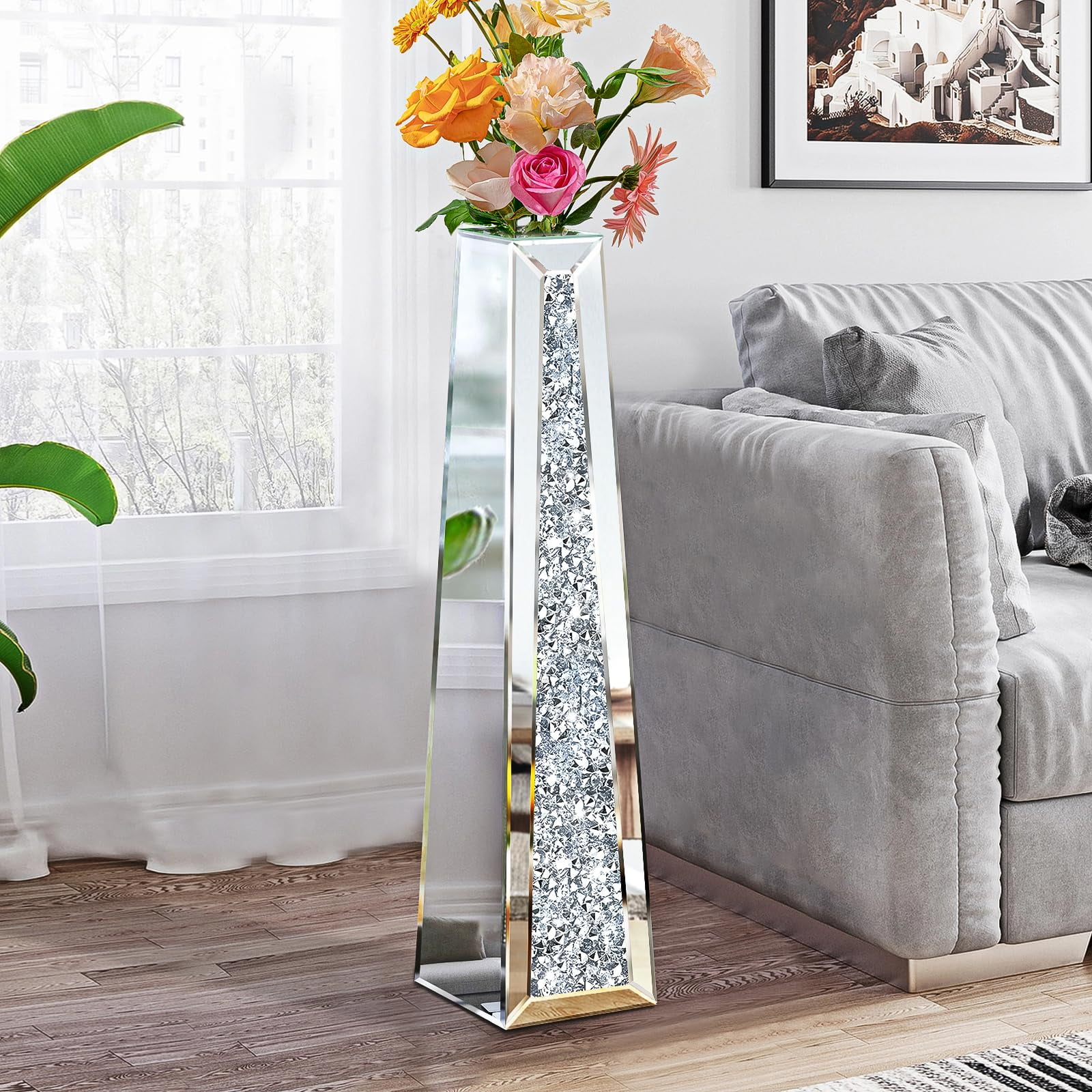 GA Home 28.85" Tall Crushed Diamond Floor Vase, Silver Large Vases for ...
