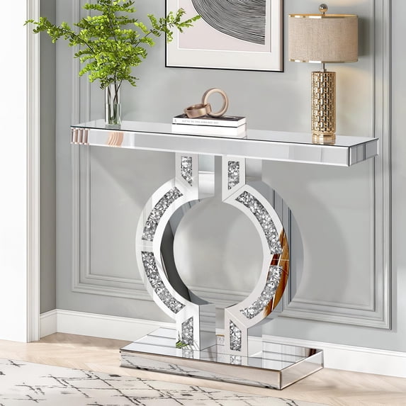 GA Home Silver Mirrored Console Table with Crushed Diamond Inlay, 39.4'' Long Glass Entryway Sofa Table, O-Shaped Base Modern Accent Narrow Table for Living Room, Hallway, Foyer, Entrance