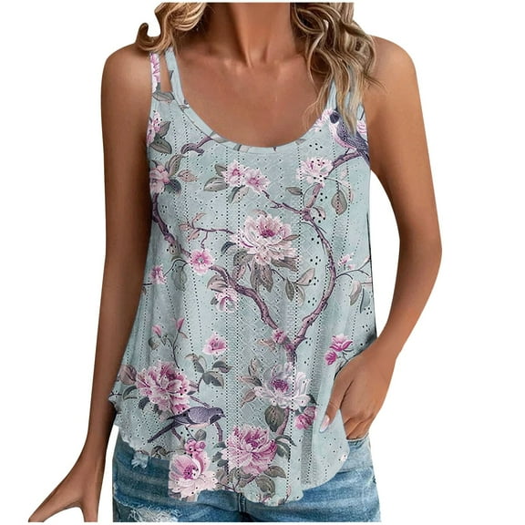 GA WEIHUA 2025 Floral Print Tank Tops for Women Trendy Summer Eyelet Embroidery Camisole Casual Ladies Sleeveless Vest Loose Fit Scoop Neck Hollow Blouse(Sky Blue,L)