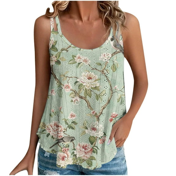 GA WEIHUA 2025 Floral Print Tank Tops for Women Trendy Summer Eyelet Embroidery Camisole Casual Ladies Sleeveless Vest Loose Fit Scoop Neck Hollow Blouse(Green,XL)