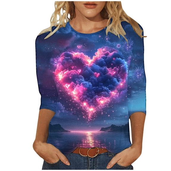 GA WEIHUA 2025 Women's 3/4 Sleeve Crew Neck Valentine's Day T Shirts Fashion Trendy Cute Heart Love Graphic Tops Dressy Casual Crewneck Shirts Holiday Tunics(Multicolor,XXXL)