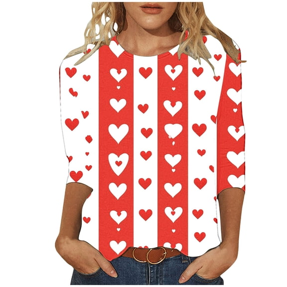 GA WEIHUA 2025 Women's 3/4 Sleeve Crew Neck Valentine's Day T Shirts Fashion Trendy Cute Heart Love Graphic Tops Dressy Casual Crewneck Shirts Holiday Tunics(Multicolor,S)