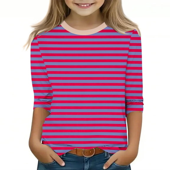 GA WEIHUA 3/4 Sleeve Tops for Girls 2025 Summer Summer Striped Shirt Dressy Casual Outfits Curvy Blouse Casual Crew Neck T Shirts Loose Three Quarter Length Blouses(Hot Pink,4 Years)