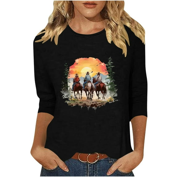 GA WEIHUA Aztec 3/4 Sleeve Shirts Women Western Tribal Ethnic Style Tops Casual Loose Fitting T-Shirt Round Neck 3/4 Sleeve Blouses(Black,M)