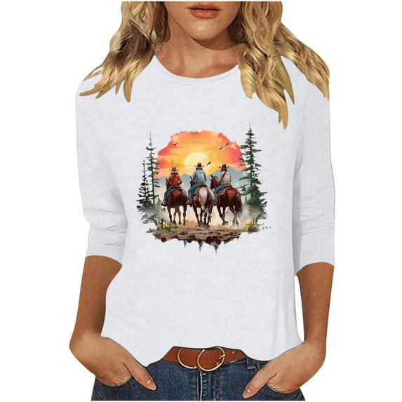 GA WEIHUA Aztec 3/4 Sleeve Shirts Women Western Tribal Ethnic Style Tops Casual Loose Fitting T-Shirt Round Neck 3/4 Sleeve Blouses(White,XL)