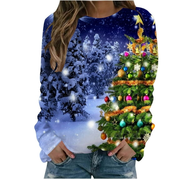 GA WEIHUA Christmas Shirts for Women Sequins Xmas Tree Snowmen Tops Glitter Crew Neck Pullover Long Sleeve Tunic Tshirts(Blue,5X-Large)