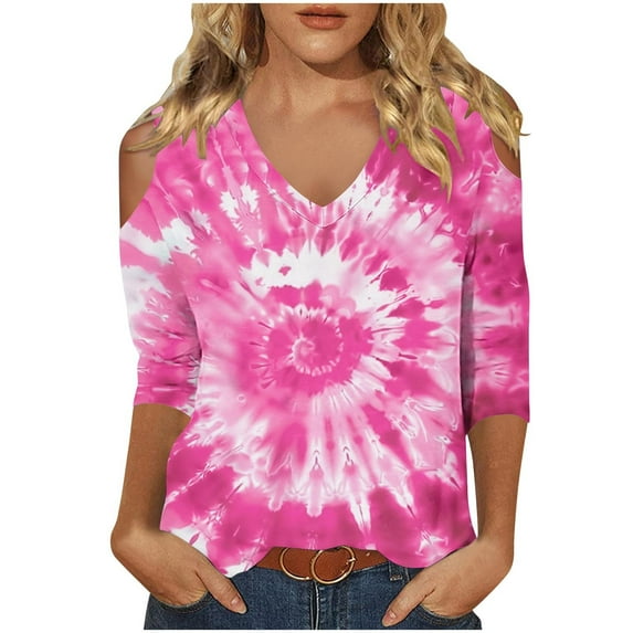 GA WEIHUA Clearance,3/4 Length Sleeve Womens T Shirts Trendy Casual Off-Shoulder T-Shirts 3D Graphic Print Blouse Tees Fall Clothes(Hot Pink,XX-Large)
