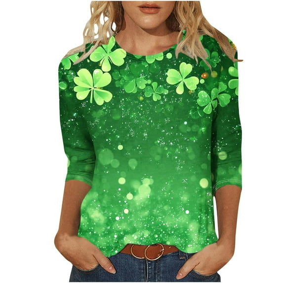 GA WEIHUA Clearance,3/4 Sleeve Tops for Women Fashion Sparkle Glitter Printed T Shirts Ladies Casual Fashion Tee Tops Lucky Shamrock Graphic Tunic Blouses(Green,Tee XXL)
