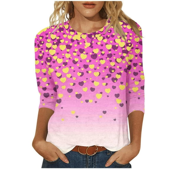 GA WEIHUA Clearance Deals,3/4 Length Sleeve Shirts for Women 2025 Floral Print Tees Blouses Plus Size Valentines Days T Shirts Crewneck Loose Casual Couple Tops Tshirts(Pink,S)