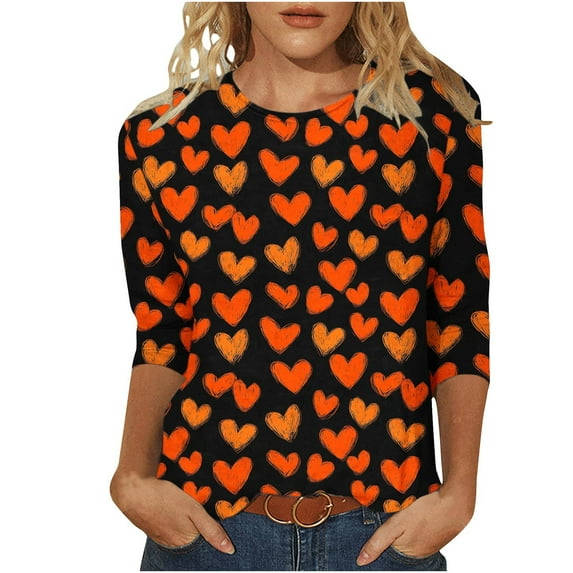 GA WEIHUA Clearance Deals,Valentine's Day T Shirts for Women Cute Heart Print Graphic Tees Dressy 3/4 Sleeve Top Cute Round Neck Shirt for Women Lover Gift Tunic Tops(Wine,XXL)
