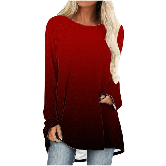 GA WEIHUA Women's Long Sleeve Tunic Tops Plus Size Loose Fit Gradient Blouses Oversized Crew Neck Casual Flowy Shirts(Wine,X-Large)