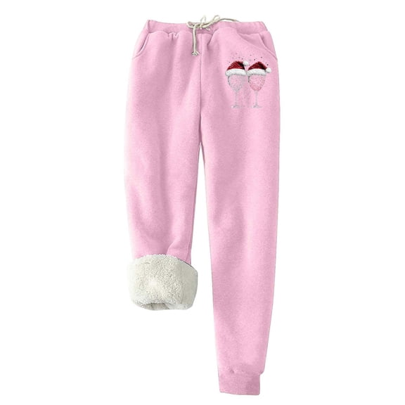 GA WEIHUA Womens Christmas Sweatpants Red Wine Glass Santa Hat Graphic Warm Pant Winter Fleece Lined Clothes Jogger Pants with Pockets(Pink,XL)
